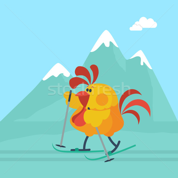 Rooster Skiing in Mountains Cartoon Flat Vector Stock photo © robuart