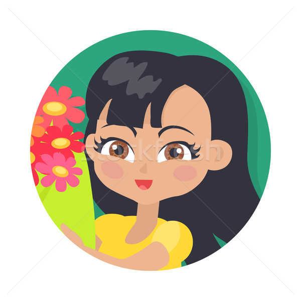 Sorridente menina colorido flores cabelo preto preto Foto stock © robuart