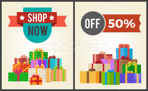 Shop Now Hot Prices Half Discount Off Promo Labels Stock photo © robuart