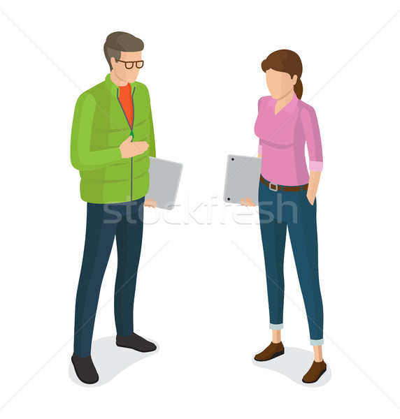 Stock photo: Man and Woman with Laptops Cartoon Characters