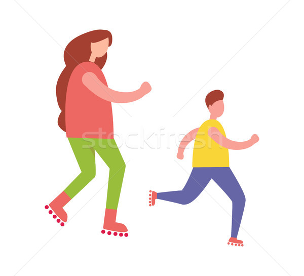 Mother and Son Rollerblading Isolated Illustration Stock photo © robuart