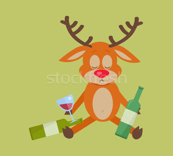 Deer with Bottle of Wine Isolated on Green. Stock photo © robuart