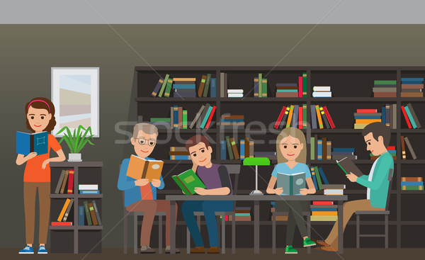 Studenten lezing leerboek bibliotheek vector mensen Stockfoto © robuart
