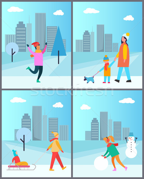 People Halving Fun Outdoors, Mother Carrying Child Stock photo © robuart