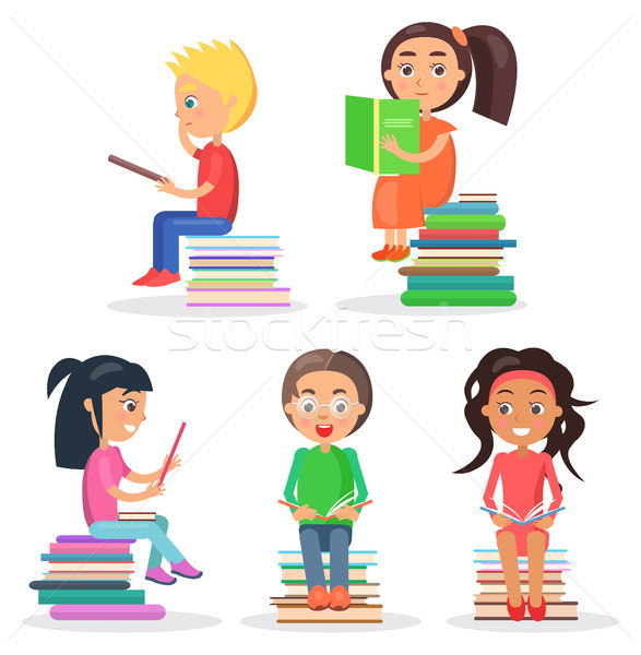 Five Reading Kids Sitting on Pile of Literature Stock photo © robuart