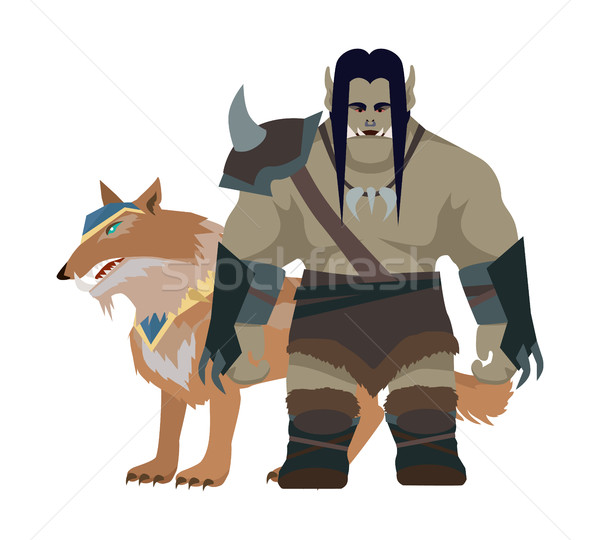 Cartoon Monster Orc Warrior with Wolf. Game Object Stock photo © robuart