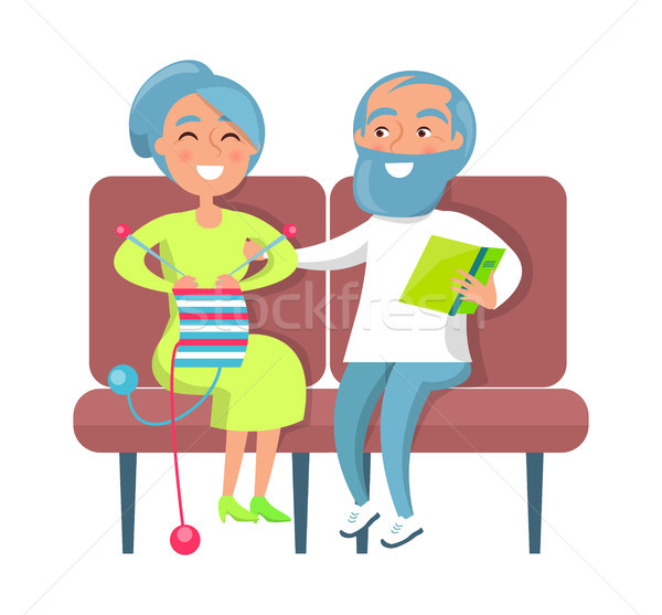 Senior Lady Knitting and Gentleman Reading on Sofa Stock photo © robuart