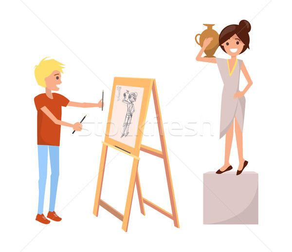 Boy Drawing Still Life Picture of Woman with Vase Stock photo © robuart