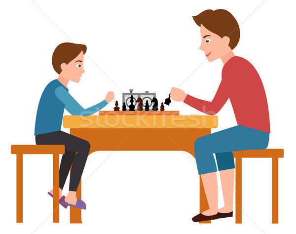 Père en fils jouer échecs s'asseoir chaises table [[stock_photo]] © robuart