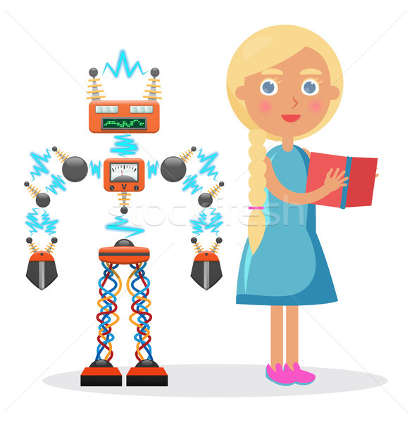 Little Blond Girl in Dress and Electric robot Stock photo © robuart