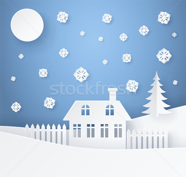 Stock photo: Merry Christmas Poster Made of Paper with House