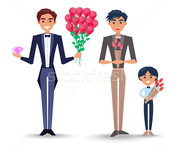 Male Characters with Bouquets Illustrations Set Stock photo © robuart