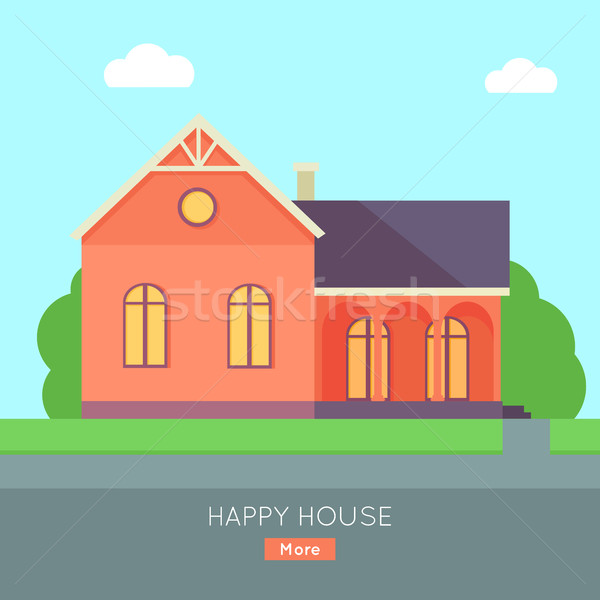 happy home vector Poster Banner Template. with Terrace House vector Happy