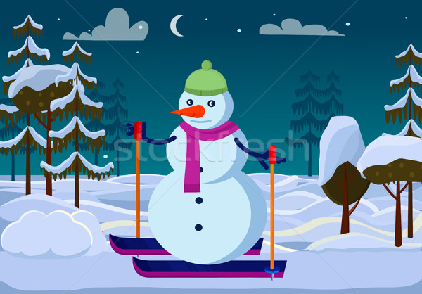 Isolated Snowman on Skies outside. Trees. Evening Stock photo © robuart