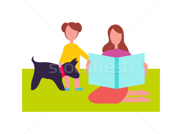 Mother and Daughter with Little Dog Illustration Stock photo © robuart