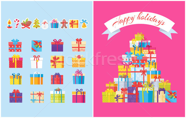 Foto stock: Feliz · férias · pôsteres · caixas · de · presente · símbolos