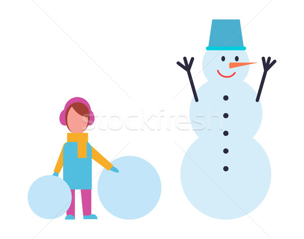 Girl in Warm Cloth Hold Balls of Snow and Snowman Stock photo © robuart