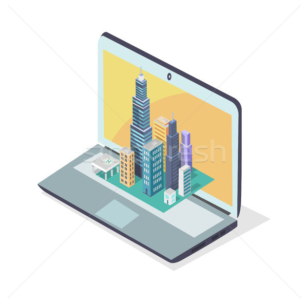 Modern City Mockup Located on Laptop, Color Poster Stock photo © robuart
