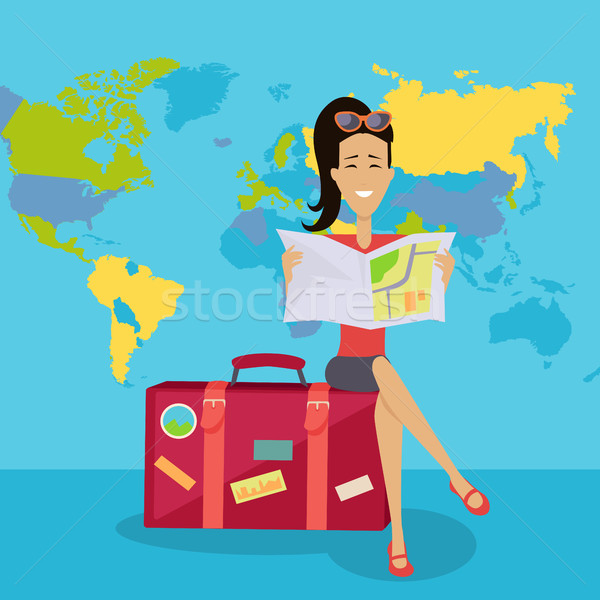 Smiling Brunette Woman Seating on Suitcase Stock photo © robuart