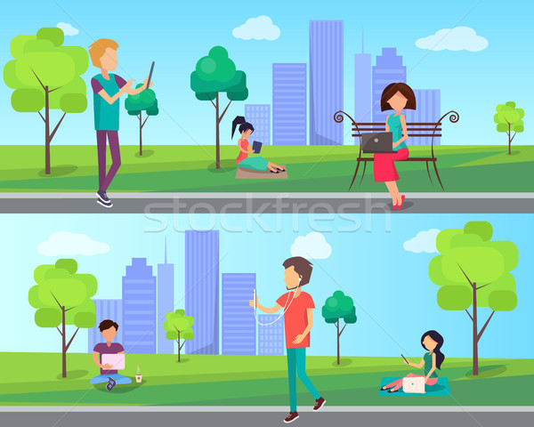 People Spend Time in City Park with Computer Stock photo © robuart
