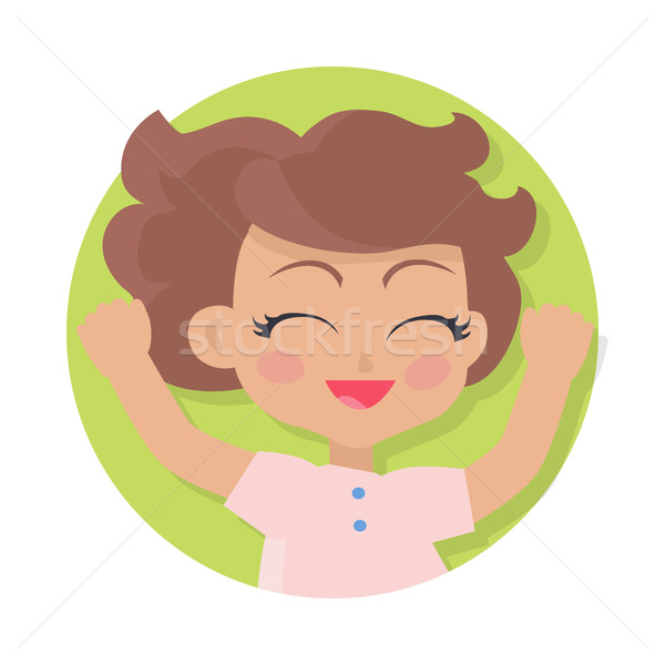 Smiling Girl With Raised Hands Brown Wavy Hair Vector