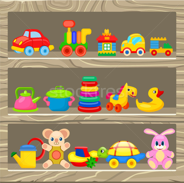 Colorful Childrens Toys Stand on Wooden Shelf Stock photo © robuart