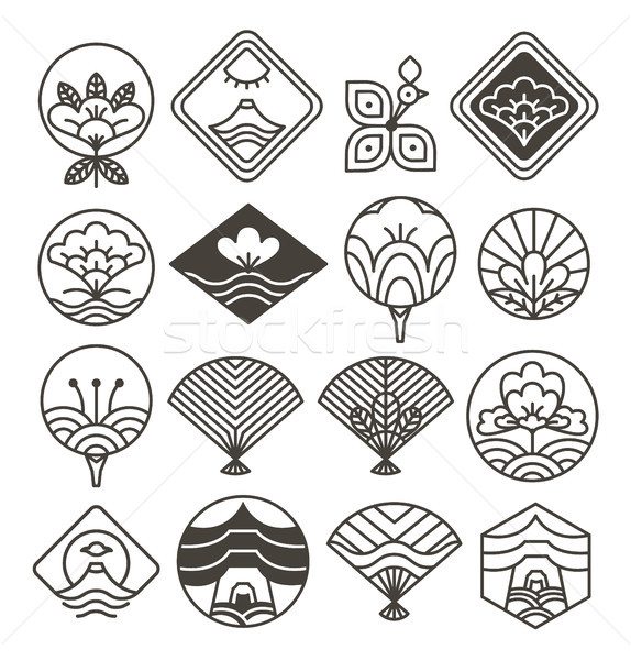 Stock photo: Japanese Monochrome Icons Set with Ethnic Motifs