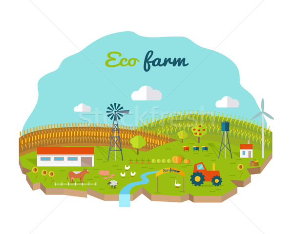 Foto stock: Eco · granja · vector · estilo · diseno · paisaje