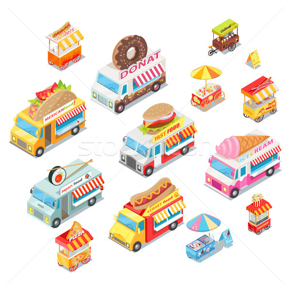 Street Food Eateries on Wheel Isometric Vector Set Stock photo © robuart
