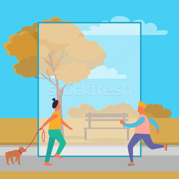 Woman and Dog and Rollerskating Man in Autumn Park Stock photo © robuart