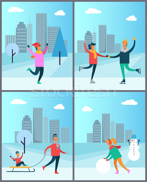 Couple Skates on Rink Man in Sweater Woman Snowman Stock photo © robuart