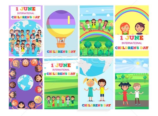 1 June Holiday Template with Colorful Posters Set Stock photo © robuart