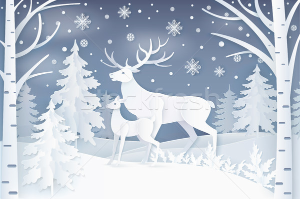 Deer Walking in Winter Forest Vector Illustration Stock photo © robuart