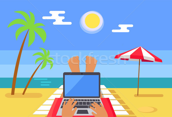 Freelancer Works on Laptop at Tropic Beach Resort Stock photo © robuart