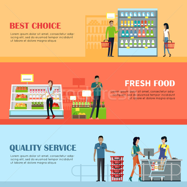 Oameni supermarket design interior cea mai buna alegere alimente proaspete calitate Imagine de stoc © robuart