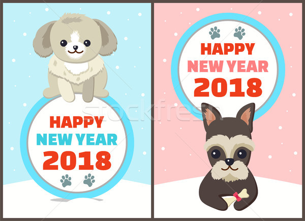 Foto stock: Feliz · año · nuevo · perros · establecer · carteles · símbolos · tiempo