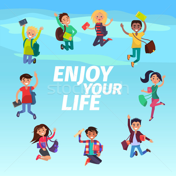 Bouncing Students Hovering in Sky Enjoy Your Life Stock photo © robuart