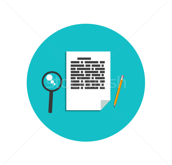 Flat magnifying glass with page and pencil Stock photo © robuart
