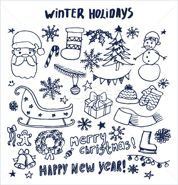 [[stock_photo]]: Happy · new · year · hiver · vacances · dessinés · à · la · main · écrit