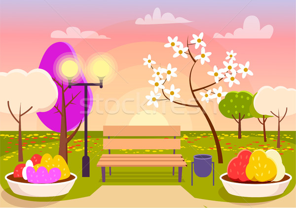 Spring Scenery. Urban Park with Bench, Flower Beds Stock photo © robuart