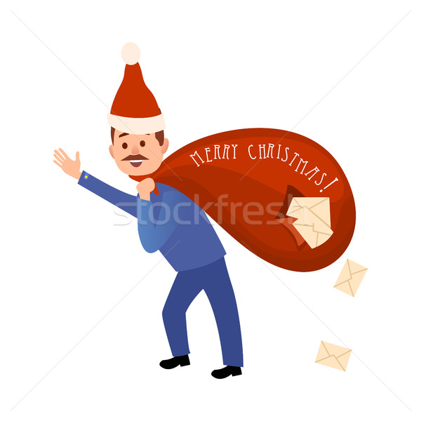 Postman in Christmas Hat Hurry to Deliver Letters. Stock photo © robuart