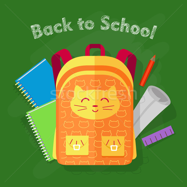 Stock foto: Zurück · in · die · Schule · orange · Tasche · grünen · Katze · zwei