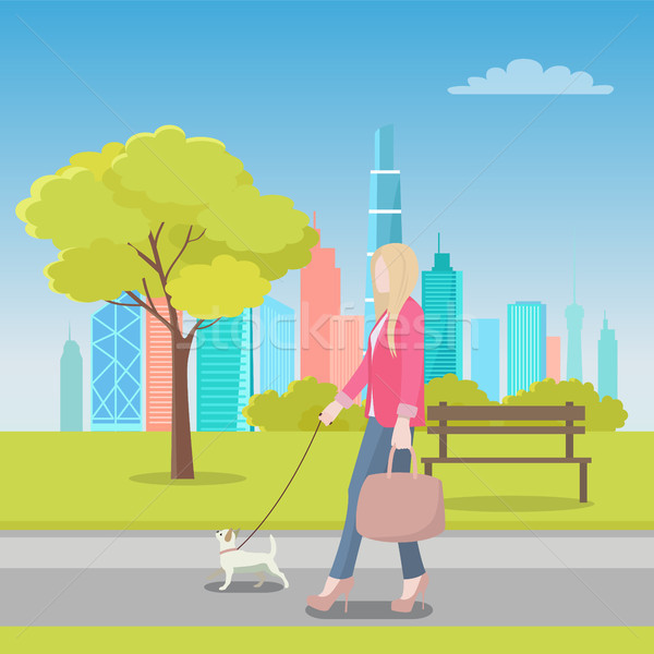 Mujer rubia caminando perro ciudad parque vector Foto stock © robuart