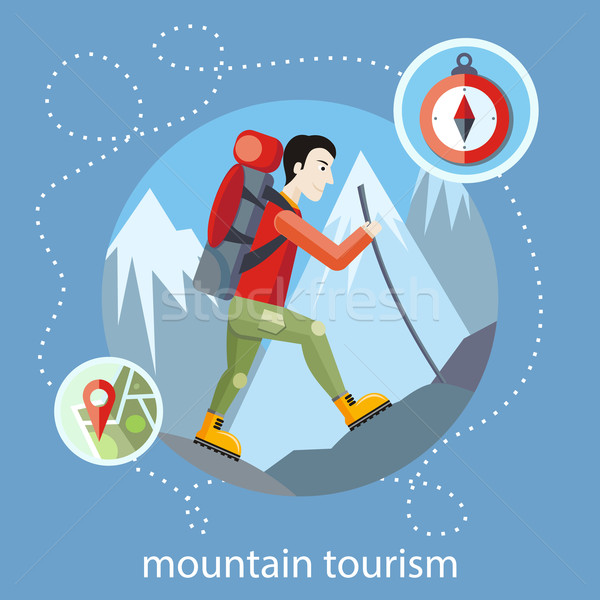 ストックフォト: 山 · 観光 · 男 · 旅人 · リュックサック · ハイキング