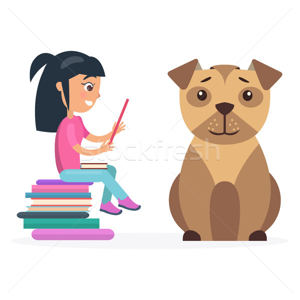 Little Girl Reads from Tablet Beside Huge Dog Stock photo © robuart