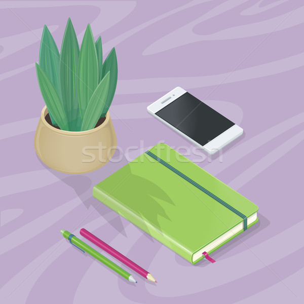 Desk with Mobile Phone, Pencils, Plant, Note Book Stock photo © robuart