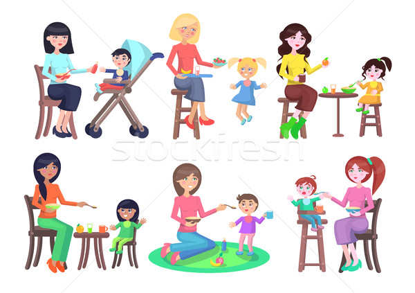 Stock photo: Mothers Feeding Their Children Icons Set on White