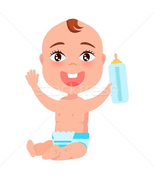 Happy Infant in Diaper Hold Bottle of Milk in Hand Stock photo © robuart