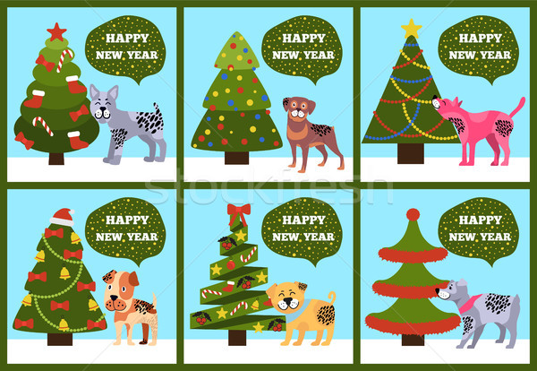 Greeting Cards on Green Merry wish Puppy Tree Set Stock photo © robuart