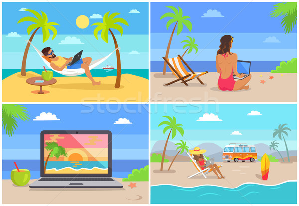 Seaside and Distant Work Set Vector Illustration Stock photo © robuart
